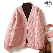 【初色】肌理感菱格紋寬鬆V領大口袋縮口長袖單排釦夾克休閒外套-共3色-31965(M-2XL可選) M 粉色