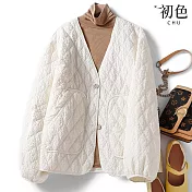 【初色】肌理感菱格紋寬鬆V領大口袋縮口長袖單排釦夾克休閒外套-共3色-31965(M-2XL可選) XL 米色