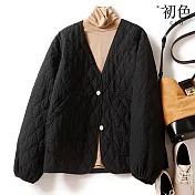 【初色】肌理感菱格紋寬鬆V領大口袋縮口長袖單排釦夾克休閒外套-共3色-31965(M-2XL可選) M 黑色