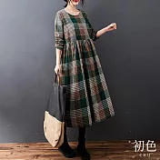 【初色】復古棉麻風撞色格紋拼接中長裙連衣裙連身洋裝長洋裝-共3色-32002(M-2XL可選) XL 綠色