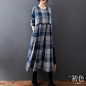 【初色】復古棉麻風撞色格紋拼接中長裙連衣裙連身洋裝長洋裝-共3色-32002(M-2XL可選) M 藍色