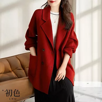 【初色】翻領素色大口袋雙排釦寬鬆長袖中長款西裝毛呢大衣外套-共3色-31996(M-2XL可選) M 紅色