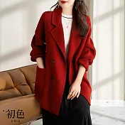 【初色】翻領素色大口袋雙排釦寬鬆長袖中長款西裝毛呢大衣外套-共3色-31996(M-2XL可選) XL 紅色
