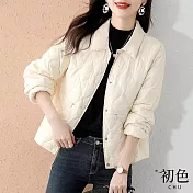 【初色】翻領素色菱格紋寬鬆保暖長袖羽絨棉外套-米白色-32034(M-2XL可選) XL 米白色