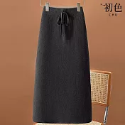 【初色】抽繩松緊腰素色針織半身裙中長裙-共4色-31915(F可選) F 黑色
