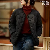 【初色】簡約素色菱格紋寬鬆保暖圓領排釦長袖羽絨棉外套-共2色-32025(M-XL可選) M 黑色