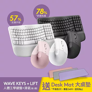 羅技WaveKeys鍵盤 + Lift 垂直滑鼠+DESK MAT桌墊特惠組合