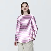 【MUJI 無印良品】女有機棉粗織船領長袖T恤 M 粉紅橫紋
