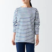【MUJI 無印良品】女有機棉粗織船領長袖T恤 M 藍橫紋