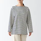 【MUJI 無印良品】女有機棉粗織船領長袖T恤 M 深藍橫紋