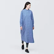 【MUJI 無印良品】女棉混聚酯纖維不易起皺平織布立領長袖洋裝 S 深藍直紋