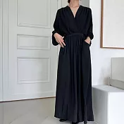 【MsMore】 韓國chic顯瘦V領交叉收腰皺褶感寬鬆長袖長版連身裙洋裝# 120623 FREE 黑色