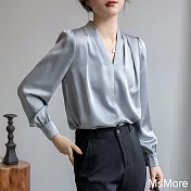 【MsMore】 韓版百搭V領緞面修身長袖襯衫款短版上衣# 120629 M 藍色