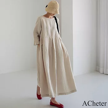 【ACheter】 寬鬆棉麻連身裙大碼圓領長裙氣質學院風森林系大襬洋裝# 120696 L 杏色