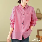 【ACheter】 棉麻感寬鬆休閒文藝長袖襯衫中長版上衣# 120700 M 紅色