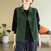 【ACheter】 文藝復古高支水洗棉無袖馬甲單排扣開衫背心外套# 120707 L 綠色