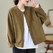 【ACheter】 純色寬鬆大碼長袖上衣韓版休閒棉外罩短版# 120714 XL 軍綠色