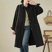 【ACheter】 棉中長款長袖風衣純色翻領單排扣文藝寬鬆時尚外套# 120720 L 黑色