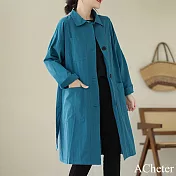 【ACheter】 棉中長款長袖風衣純色翻領單排扣文藝寬鬆時尚外套# 120720 L 藍色