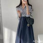 【ACheter】 韓國 chic法式一粒扣收腰顯瘦長袖長款拼接條紋連身裙洋裝# 120731 FREE 藏青色