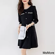 【MsMore】 小香風拼接圓領長袖氣質收腰顯瘦連身裙中長版洋裝# 120767 2XL 黑色