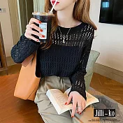【Jilli~ko】韓國CHIC鏤空圓領寬鬆針織衫 J11628  FREE 黑色