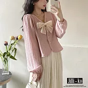 【Jilli~ko】甜美蝴蝶結V領短款長袖襯衫 J11639  FREE 粉色