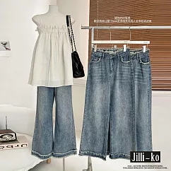 【Jilli~ko】高腰寬鬆顯瘦毛邊拖地闊腿直筒牛仔褲 M─L J11624 M 藍色