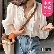 【Jilli~ko】V領綁帶木耳邊設計泡泡袖寬鬆襯衫中大尺碼 J11632 FREE 白色