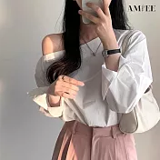【AMIEE】性感一字領平口襯衫(2色/S-XL/KDTY-8824) S 白色