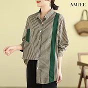 【AMIEE】文藝撞色豎條長袖襯衫(2色/M-2XL/KDCY-9368) M 綠色
