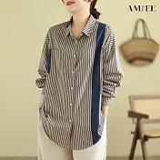【AMIEE】文藝撞色豎條長袖襯衫(2色/M-2XL/KDCY-9368) XL 藍色