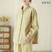 【AMIEE】拼接圓弧單排扣造型襯衫(2色/M-2XL/KDCY-9070) XL 薑黃