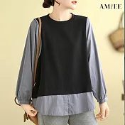 【AMIEE】假兩件設計感拼接針織襯衫(2色/M-2XL/KDCY-9381) M 黑色