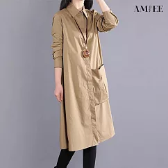 【AMIEE】滑料大口袋襯衫洋裝(2色/M─2XL/KDDY─9968) M 卡其