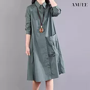 【AMIEE】滑料大口袋襯衫洋裝(2色/M-2XL/KDDY-9968) M 綠色