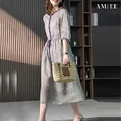 【AMIEE】氣質優雅撞色碎花綁帶洋裝(2色/M-2XL/KDDY-9960) L 紫色