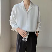 【AMIEE】輕熟風古巴領質感滑面長袖襯衫(男裝/KDTY-C42) M 白色