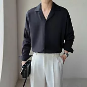 【AMIEE】輕熟風古巴領質感滑面長袖襯衫(男裝/KDTY-C42) M 黑色