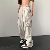 【AMIEE】日系復古多口袋寬鬆工裝褲(男裝/KDPY-D27) L 杏色
