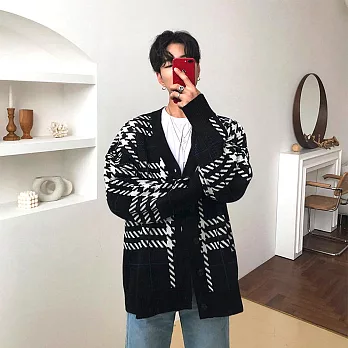 【AMIEE】韓系歐爸千鳥紋拼接針織毛衣外套(男裝/KDCY-B20) M 黑色