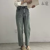 [衣途]高腰彈力直筒牛仔褲S-XL(KDPY-B022) L 藍色