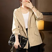 【MsMore】 韓版純色外套長袖寬鬆百搭夾克風衣中長版# 120790 XL 卡其色
