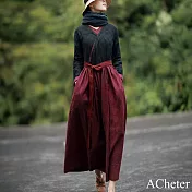 【ACheter】 連身裙棉麻感緹花復古文藝顯瘦氣質長袖洋裝# 120798 XL 黑色