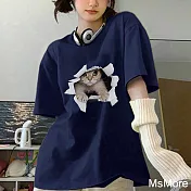 【MsMore】 立體貓咪抖音爆款純棉短袖T卹圓領短版上衣# 120773 M 深藍色