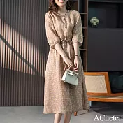 【ACheter】 韓版寬鬆長款五分袖印花刺繡收腰顯瘦碎花連身裙洋裝# 120776 XL 藕紫色