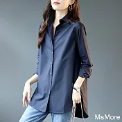 【MsMore】 藍色純色長袖襯衫棉質新款休閒寬鬆氣質長袖中長版上衣# 120811 M 藍色