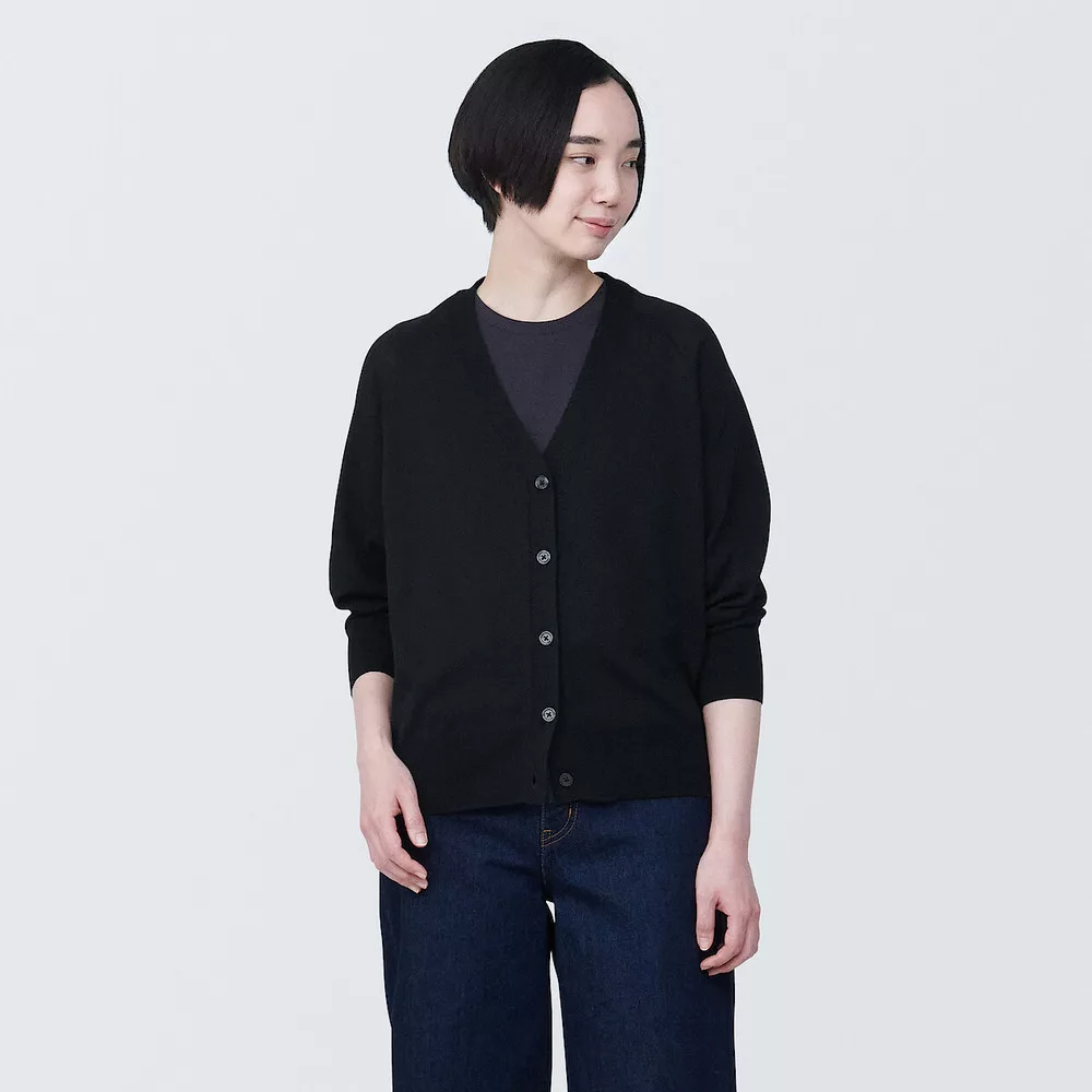 【MUJI 無印良品】女型態安定寬版開襟衫 L 黑色