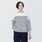 【MUJI 無印良品】女有機棉橫紋船領七分袖T恤 M 深藍橫紋