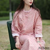 【ACheter】 原創設計棉麻感印花改良旗袍中式民族風連身裙袍長袖洋裝# 120839 XL 粉紅色